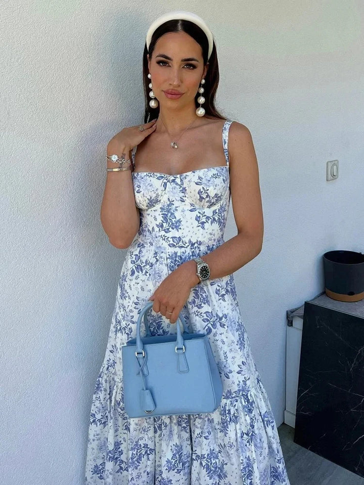 Elegant Blue Floral Print Midi Summer Dress