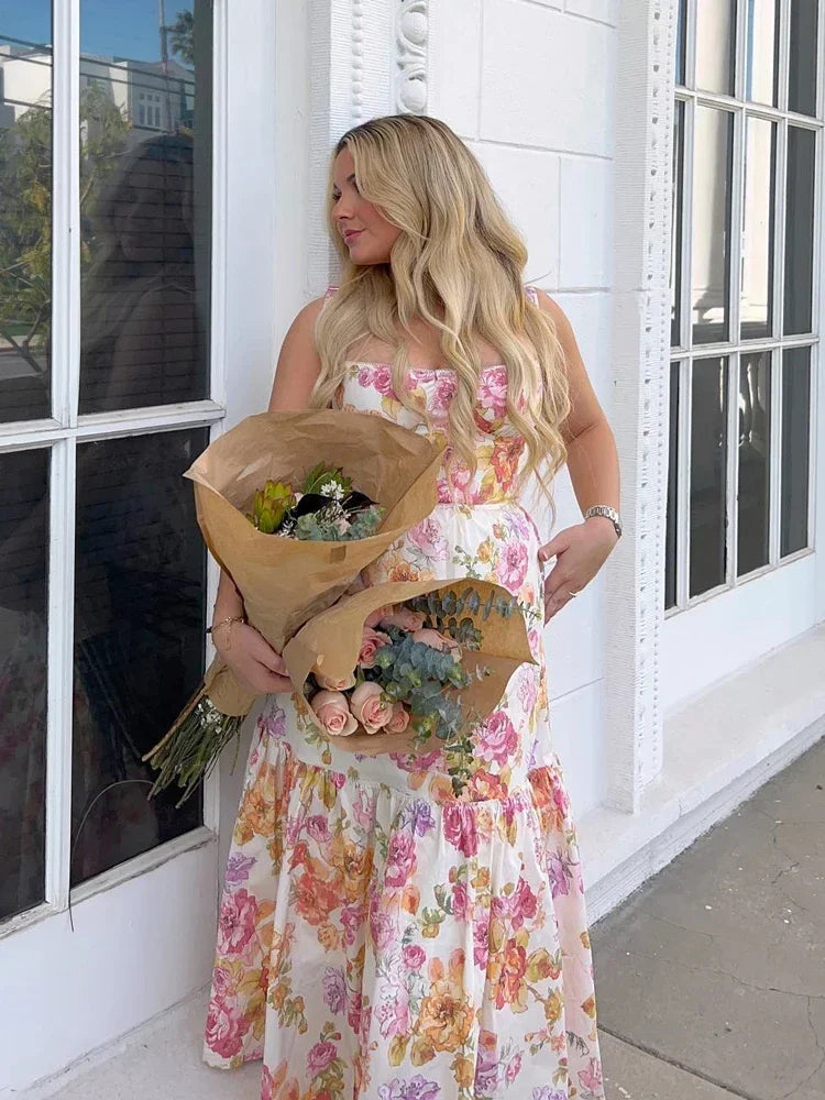 Elegant Blue Floral Print Midi Summer Dress