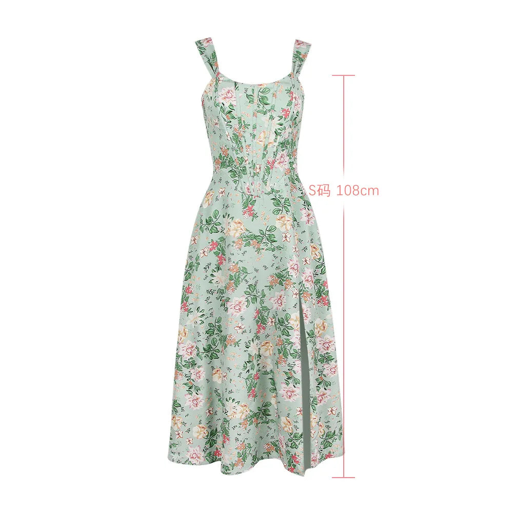 Summer Floral Print Dress with Boning - Green Lace Up, High Quality