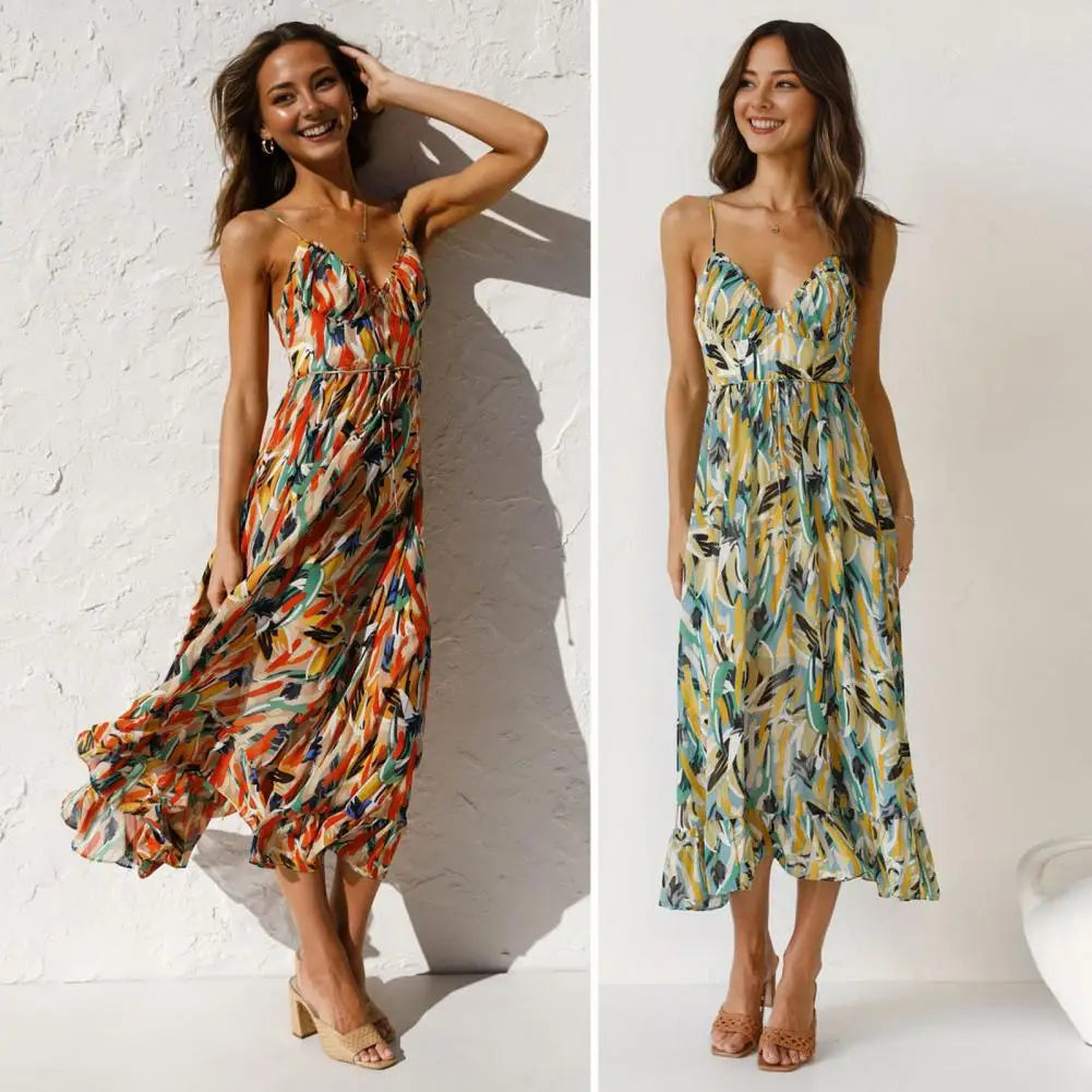 Summer Beach Dress Sleeveless Shirring Vacation Sundress