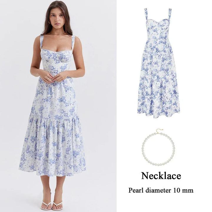 Elegant Blue Floral Print Midi Summer Dress