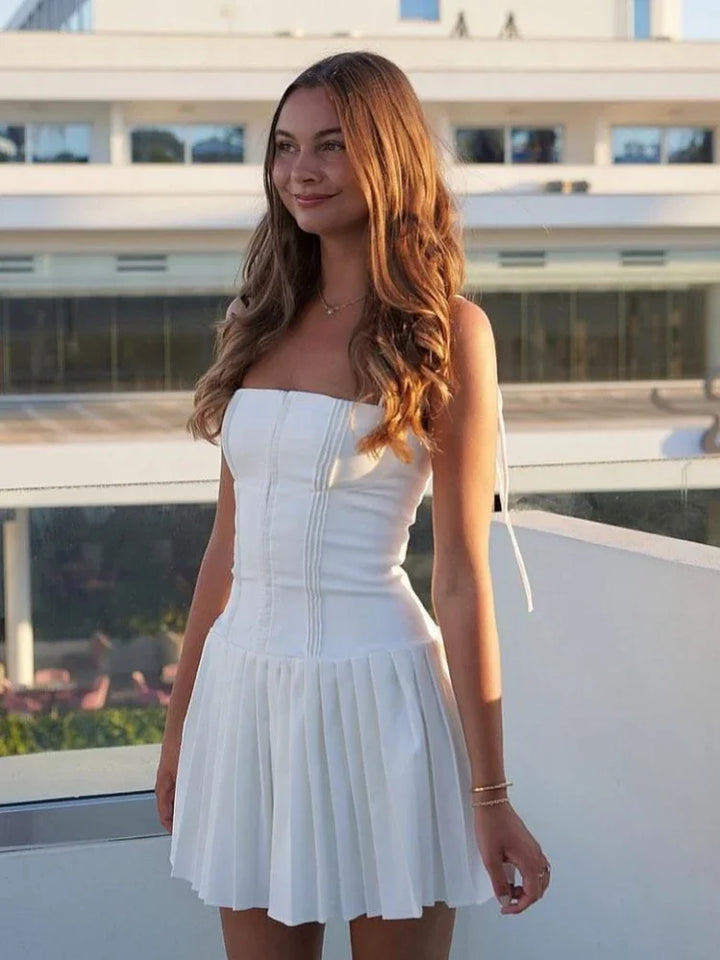 White Pleated Mini A-Line Summer Dress