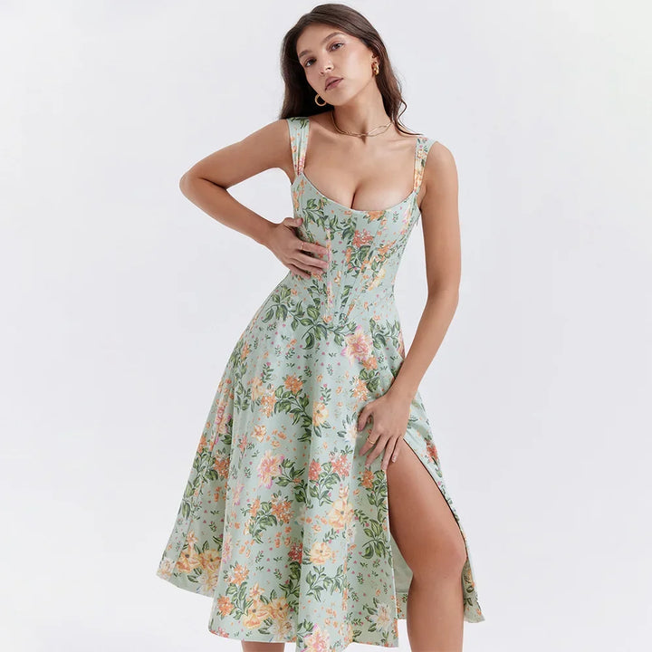 Summer Floral Print Dress with Boning - Green Lace Up, High Quality